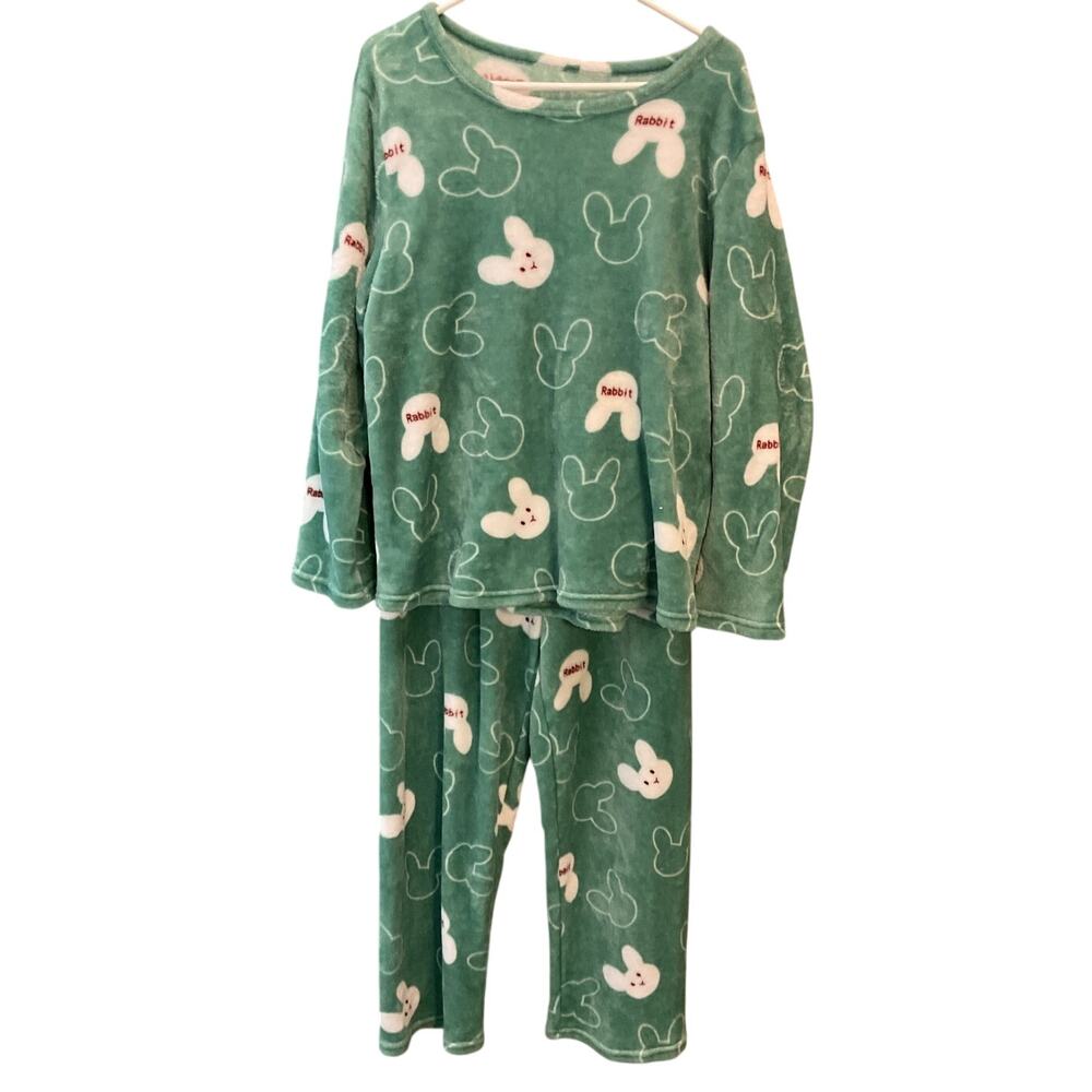 2-Piece Womens Green Fleece Bunnies Rabbits Long Sleeve Sleepwear Pajama Set XXL